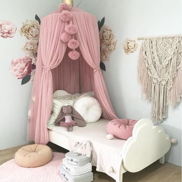 INS Pink Baby Crib Tents with Pom Poms Bed Curtain Hung Dome Mosquito Net Kids Girls Boys Hanging Mosquito Net Tents for Children Room