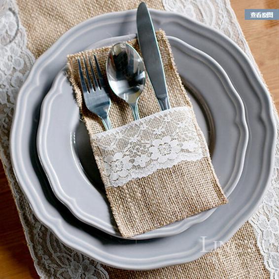 21 *11CM Jute Lace Tableware Bag Cutlery Pocket Burlap Knife And Fork Bag Buggy Bag For Wedding Party Home Decoration