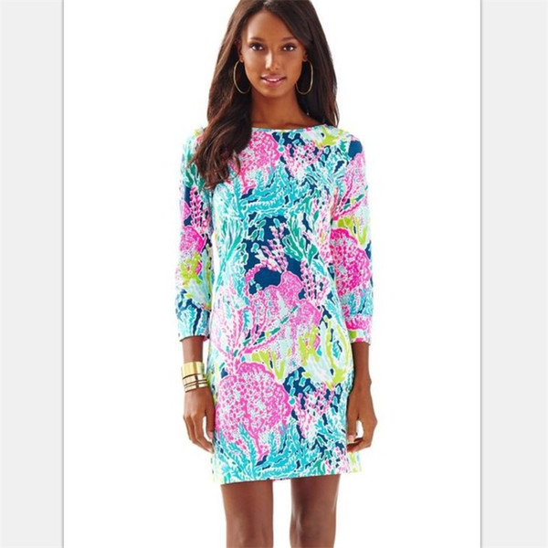 Lilly Pulitzer Dress Coral Knitting Flowers Printing Shirts 3/4 Sleeve Cultivate Oneself Buttock Spring Women Home Clothing 29wyt E1