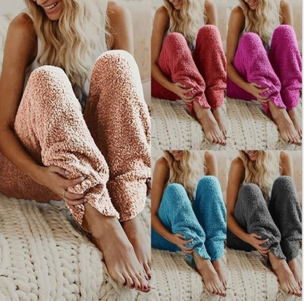 Womens Lounge Sleep Pants Adult Pajama Bottoms Warm Plush Fleece Trousers Sleep Pajama Night Wear Solid Color Long Pants LJJK1142
