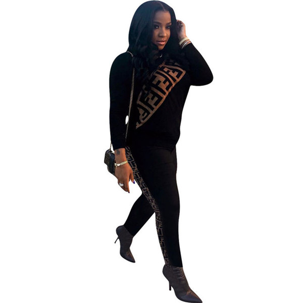 2019 Brand Designer Women Tracksuits Long Sleeve Letter F Print Hoodies Sweatshirt Pencil Long Pants 2pcs Outfit Set Luxury Sport Suit New