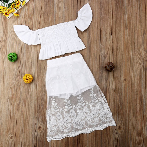 2PCS Toddler Kids Baby Girls Summer Clothing Sets Off Shoulder White top lace long skirt kids dress suits for girls Outfits Ins