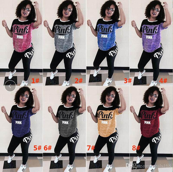 8Colors Love Pink Home Clothing Women Sports Suits Letter Printing Tracksuits T-shirt Tights Pants 2 Piece Sets Outfits HH7-1067