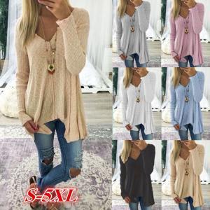 Long Sleeve V Neck T-Shirt Women Irregular Tops Loose solid basic Blouse Sweater Plus Size pullover home clothing AAA1717