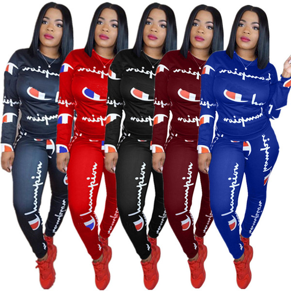 Women Champios Letter Print Tracksuit Long Sleeve T Shirt Top + Pants Leggings 2PCS Set hoodie Outfits Sportswear sweater Suit S-3XL sale