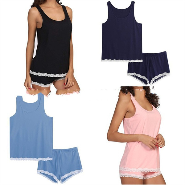 Women Pajamas Two Piece Set Lace Splice Vest Shorts Suit Home Wear Round Collar Cotton Breathable Blue 29pg C1