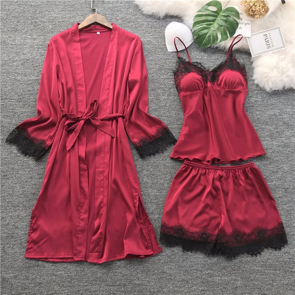 Lisacmvpnel Black Lace Women Pajamas Ice Silk Long Sleeve With Pad Nightdress+Robe+Shorts Pijama