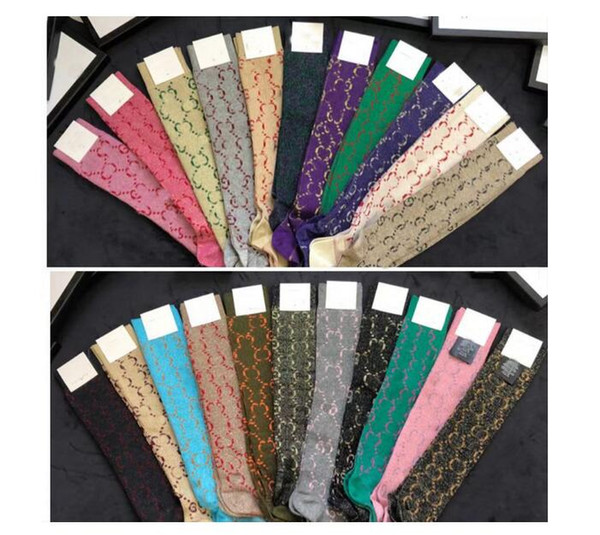 Multicolor 1 pairs New G Letter Gold Line Printing Fashion Show Slim Female Shank Socks Knee Stockings Cotton Knitted Socks with gift box