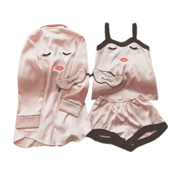 4 pieces Pink pajamas of the best shorts suit eye mask sleeping clothes M-XL size