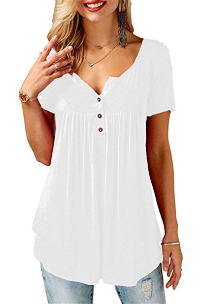 2019 summer ladies new AliExpress best selling solid color explosion models pleated buttons loose short-sleeved T-shirt shirt women