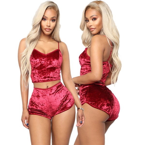 Velvet Sexy Two Piece Set Women Spaghetti Strap Backless Crop Cami+Bodycon Shorts Suits Autumn Velour 2 Piece Sweatsuit