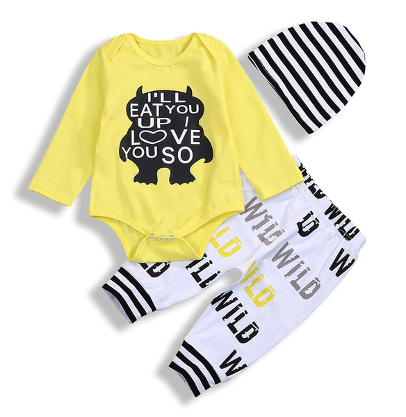 3PCS Newborn Baby Boys Cute Letter Print Romper+Camouflage Pants+Hat Outfits Set