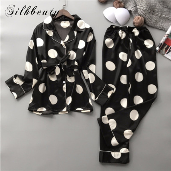 SILKBEUTY Women's Pajamas Ice Silk Homewear Spots Printing Female Bedgown Long Sleeves And Trousers Nightwear Sets Women Pajamas