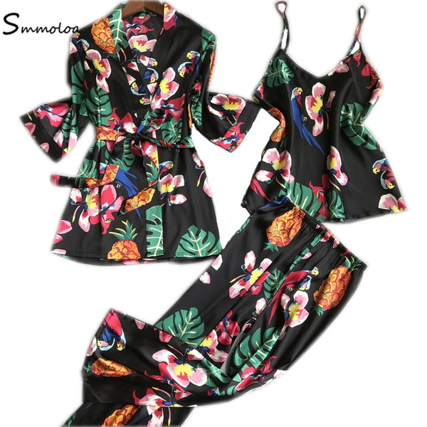 Smmoloa Women Sexy Silk Pajamas 3 Piece Sets Print Sleepwear Satin Pyjamas Set New Arrival