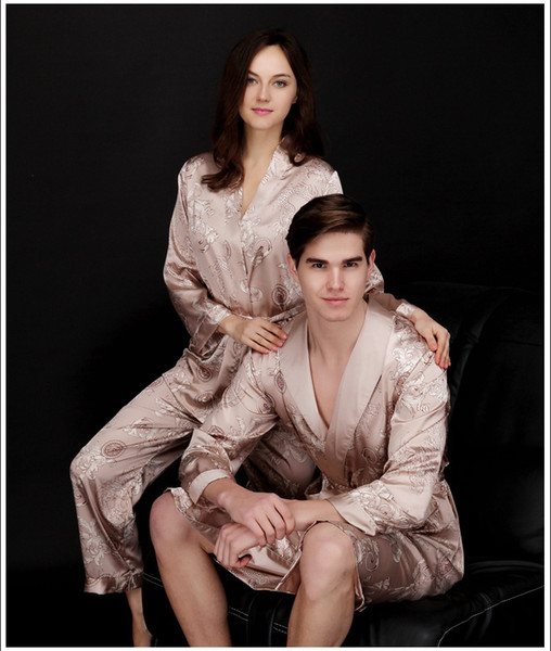 Woven silk couple pajamas ladies spring, summer and autumn three-piece suit long-sleeved men's Nightgown bathrobe household clothes