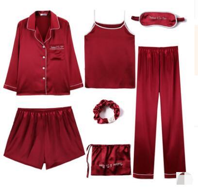 women's silk pajamas 7 pieces sets Solid color satin woman homewear sleepwear set pijamas Spring autumn Pyjamas Seven-piece set