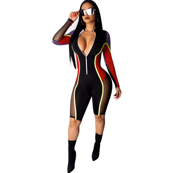 S-2XL Color Patchwork Sheer Mesh Spliced Jumpsuit Women Sexy Long Sleeve Zipper V neck Shorts Romper Night Club Bodycon Playsuit A413 New