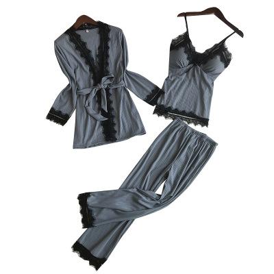 Herislim Cotton Women Pajamas Set With Chest Pads Spring Sexy Lace Pyjamas Female Sleepwear Nightwear 3 Pieces Elegant Home Wear