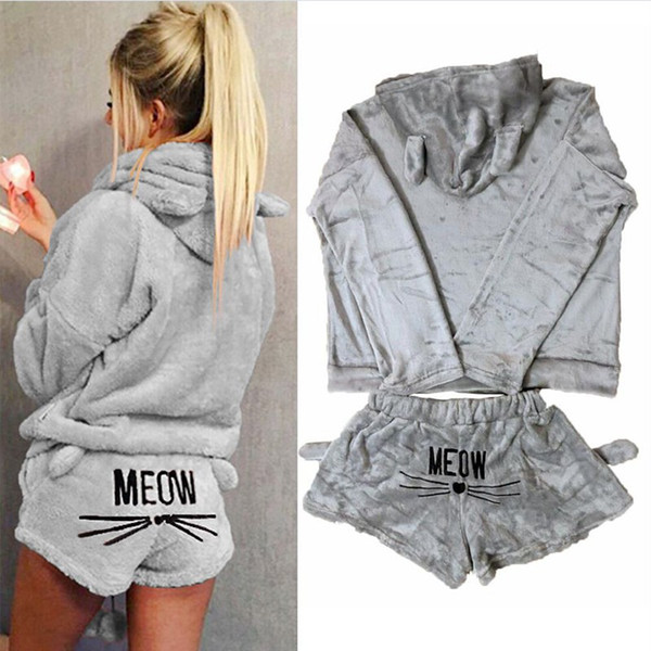 BEFORW Winter Women Pijama Cute Cat Embroidery O-Neck Pyjamas Women Hooded Sweater Shorts Velvet Pyjama Femme Warm Homewear