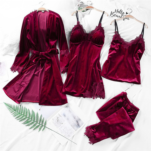 JULY'S SONG High Quality 2018 Autumn Winter Warm Pajama Set 4 Peices Gold Velvet Women Sexy Lace Robe Sleepwear Sleeveless Pink