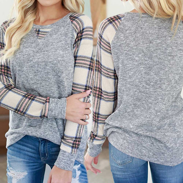 Wholesale Long Sleeves Round Neck T-shirt Plaid Splicing Cashmere Female Elastic Breathable Top Sweat Absorb T-shirts Top DH0869 T03