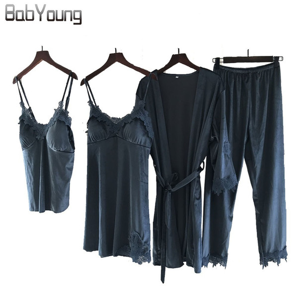 BabYoung Winter Women Pajamas Sets Camisole Robe Suit Pijamas Mujer Sexy Lace Velvet Pyjamas Femme Long Sleeve Sleepwear 4pcs