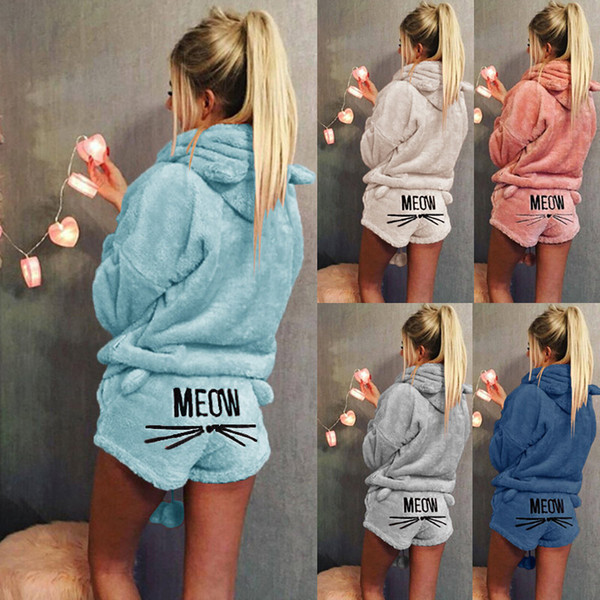 Women Winter Warm Pajamas Suit Plush Hoodie Cute Cartoon Cat Pattern Shorts -MX8