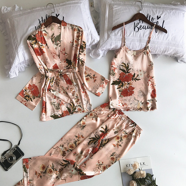Foply 2018 New 3 PCS Women Pajamas Sets with Pants Sexy Pyjama Satin Flower Print Nightwear Silk Negligee Sleepwear Pyjama