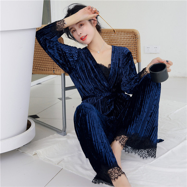 JULY'S SONG Gold Velvet Pajamas Sexy Lace Women Autumn Winter Warm Pajamas Set Women Sleepwear Sleeveless Strap Nightwear Robe