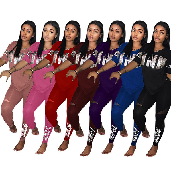 Women Letter Pink Tracksuit Outfits Love PINK Tops Pullover T shirt + Pants Outdoor Jogging Female Home Clothing Sportswear 3XL HH7-1123
