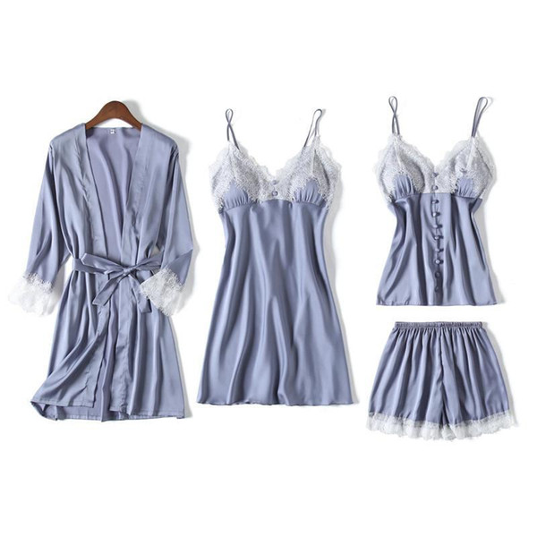 Spring New Satin 4PCS Cami&Shorts&Robe&Nighty Home Wear Women Pajamas Suit Casual V-Neck Sleepwear Set Sexy Nightwear M-XXL