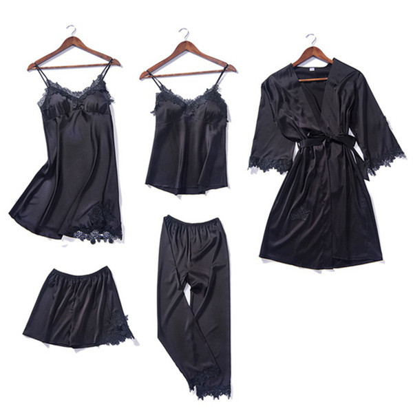 5 piece Ladies V-neck Nighties mini Pajama Set stain lace Bathrobe Sexy Women Sleepwear Red Nightwear pijamas pjs lingerie