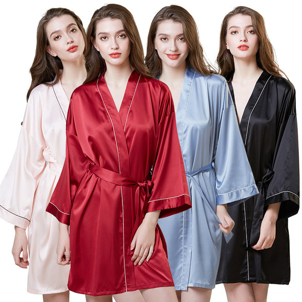 Simulated silk nightgown for girls in spring, summer and autumn, mid-long-sleeved morning gown, ice silk bathrobe and household clothing