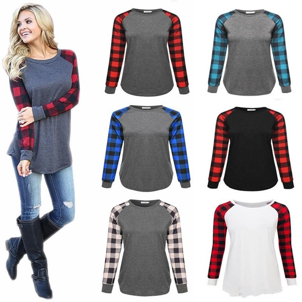 Women T Shirt Autumn Winter Plaid Patchwork Long Sleeve Hoodie Fashion Lady Round Collar Clothes Multi Color