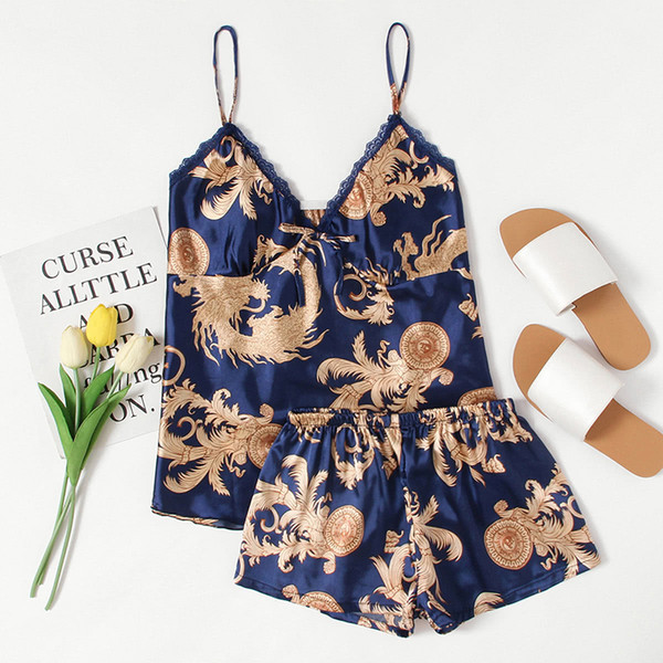 Floral Print Satin Pajama Set 2018 V Neck Spaghetti Strap Sleeveless Sleepwear Women Sexy Winter Pajama Set Elegant Sleepwear
