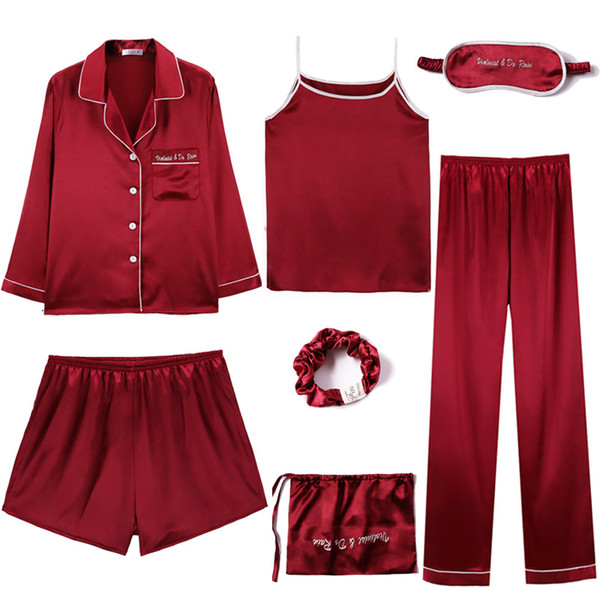 women's silk pajamas 7 pieces sets Solid color satin woman homewear sleepwear set pijamas Spring autumn Pyjamas Seven-piece set