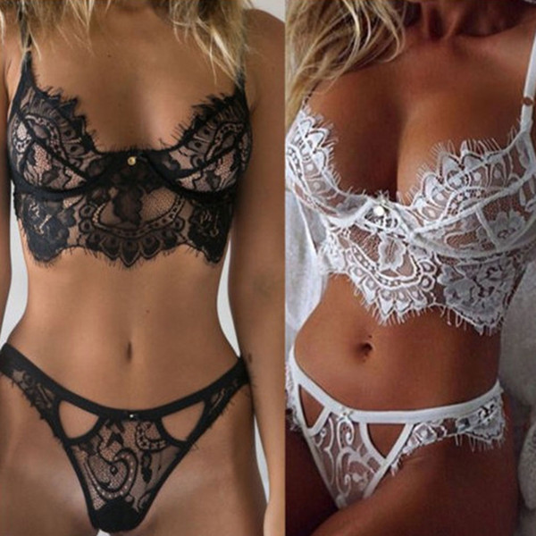 Womens Sexy Babydoll Lingerie Sheer Eyelash Lace Bra Set Underwear Cutout Solid