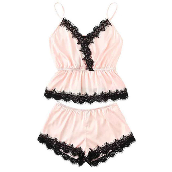 2019 Sexy Lingerie Pajamas Set Women Satin-pajamas Cropped Top + Shorts 2Pcs Bodydoll Nightwear Pink Sleepwear Pyjamas Set #H3B2