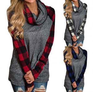 Women Plaid Raglan Pullover 3 Colors Long Sleeve Heaps Collar Patchwork T Shirt Streetwear Clothes Tops Home Clothing OOA6084