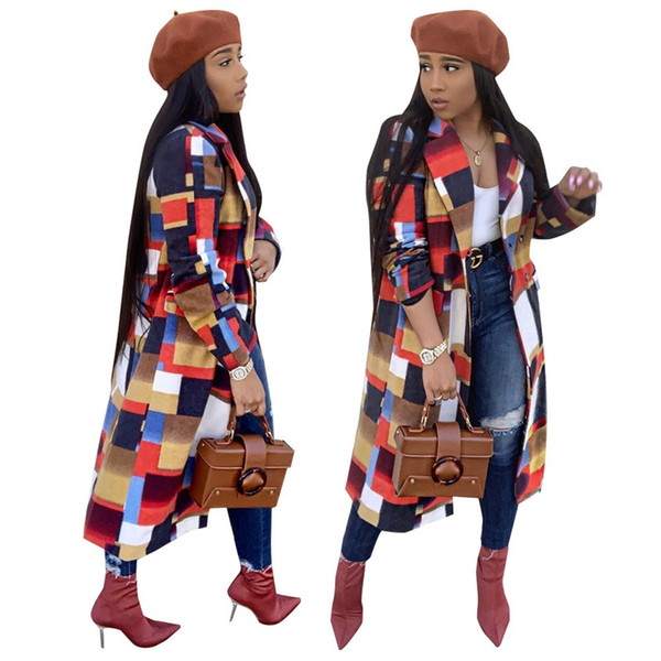 Geometric Windbreakers Turn Down Neck Fashion Splice Colors Long Coats Winter Women Home Clothes Hot Sale 62wd E1