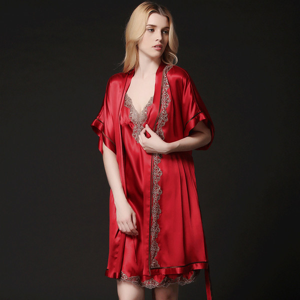 Silk Nightgown lady sling two sets of sexy embroidered lace household clothes Spring summer and Autumn Mulberry Silk Nightgown