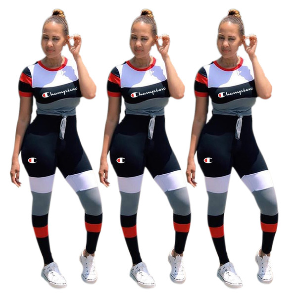 Strip Splicing Champions Letter Women Sports Suit Short Striped T-shirt Top tees + Pants 2 Piece Set Tracksuit Casual Outfit S-2xl C3215