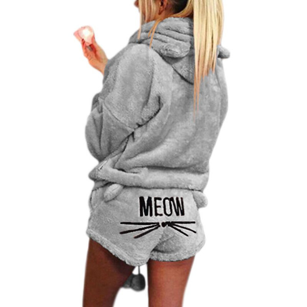 Women Girls Plus Size Winter Thicken Pajamas Set Cute Cat Meow Embroidered Short Pants Long Sleeve Hooded Ears Sweatshirt