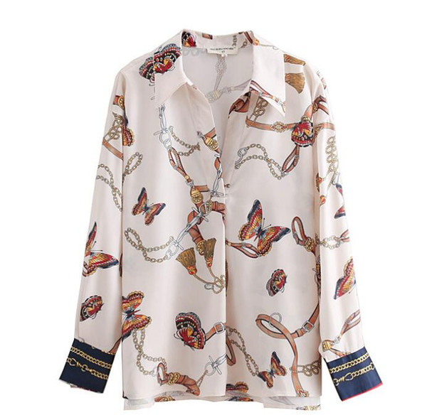Home Clothing 2018 women vintage chain butterfly printing casual kimono blouses shirt women autumn chic blusas roupas femininas tops