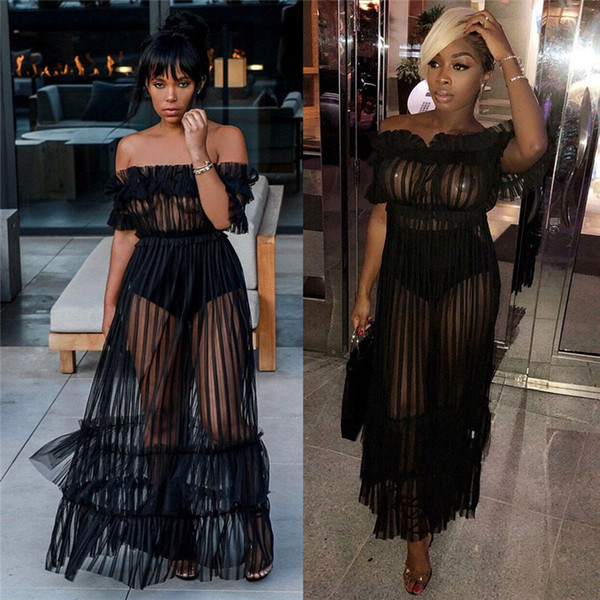 2018 women nightclub sexy long skirt word shoulder sexy see-through mesh dress seven color choice 1 pcs