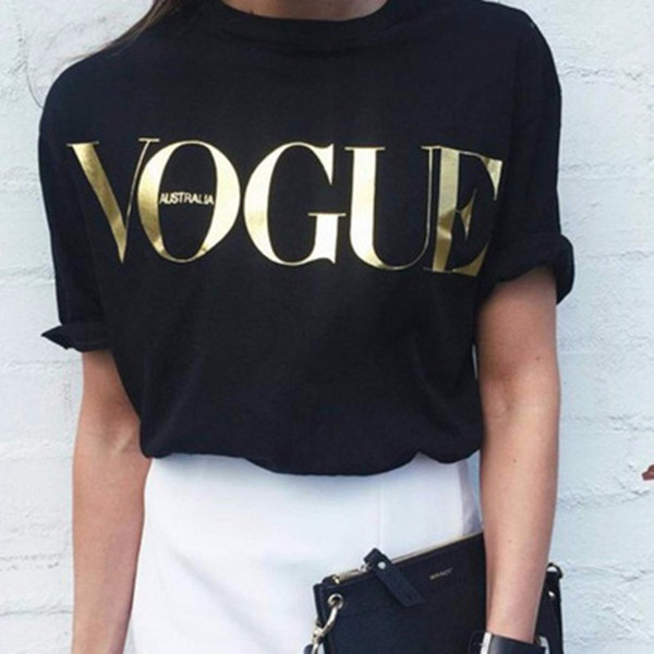 Summer VOGUE T Shirts for Women T-shirt Gold Letter Women Short Sleeve Crew Neck Graphic Tees Casual Womens Tops 5 Color