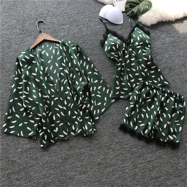 Summer Women Pajamas Sets Sexy Silk Satin Sleepwear 3 Three Piece Set Nightwear Lingerie Underwear Sleepwear Pyjamas