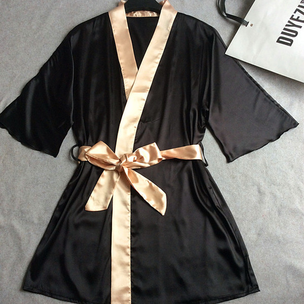 Women Silk Satin Short Night Robe Solid Kimono Robe Fashion Bath Sexy Bathrobe Peignoir Femme Wedding Bride