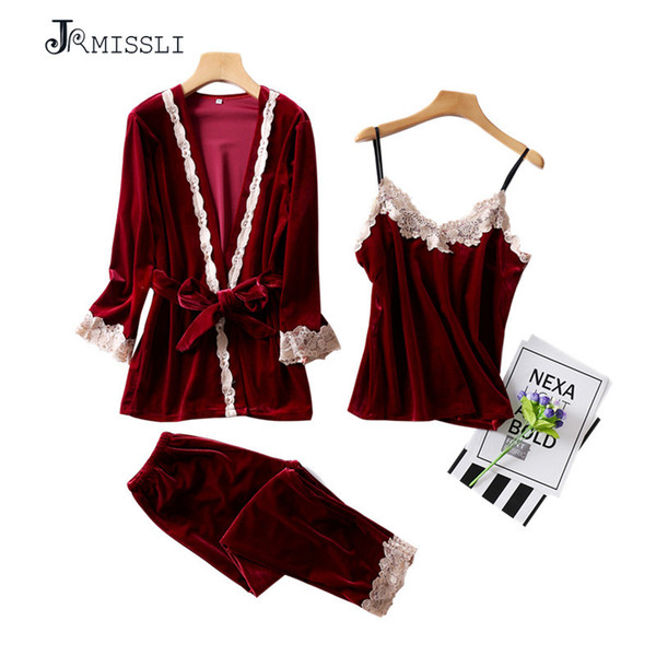 JRMISSLI 2018 New 3 PCS Women Pajamas Sets with Pants Sexy Pyjama Velvet Lace Nightwear Gold Velvet Negligee Sleepwear Pyjama