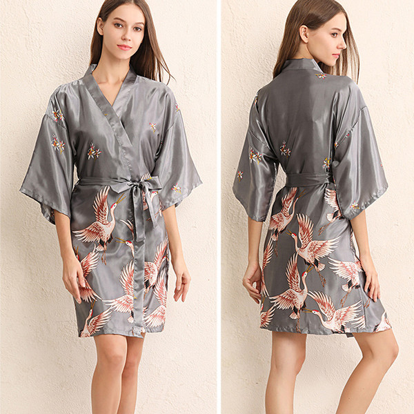 Women Home Clothing 4 Colors Sexy V-neck Loose Sleeve Kimono Printing Flower Pajamas Robe Imitation Silk Sleepwear With Belt DH0670 T03